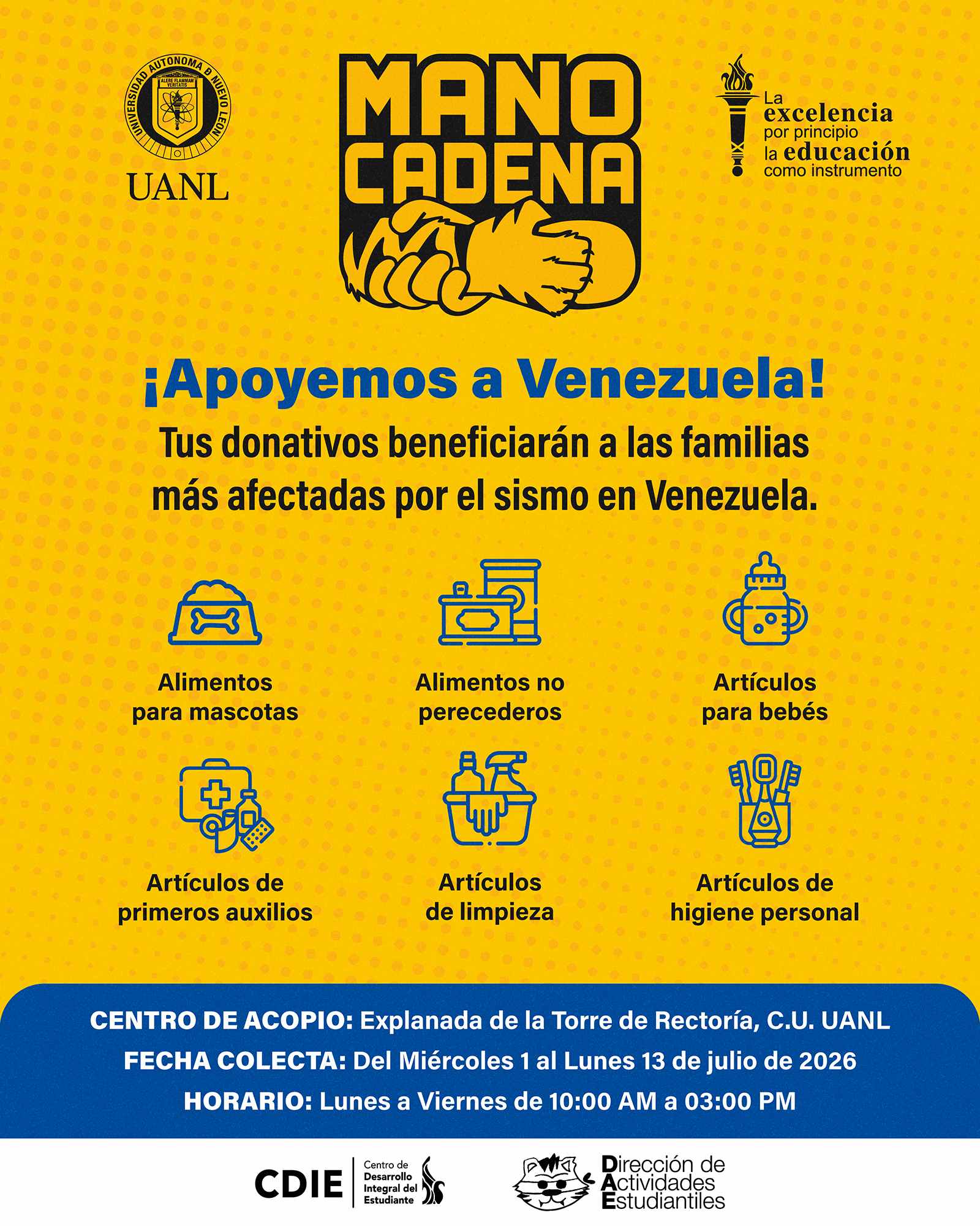 UANL instala centro de acopio para afectados por sismo en Venezuela